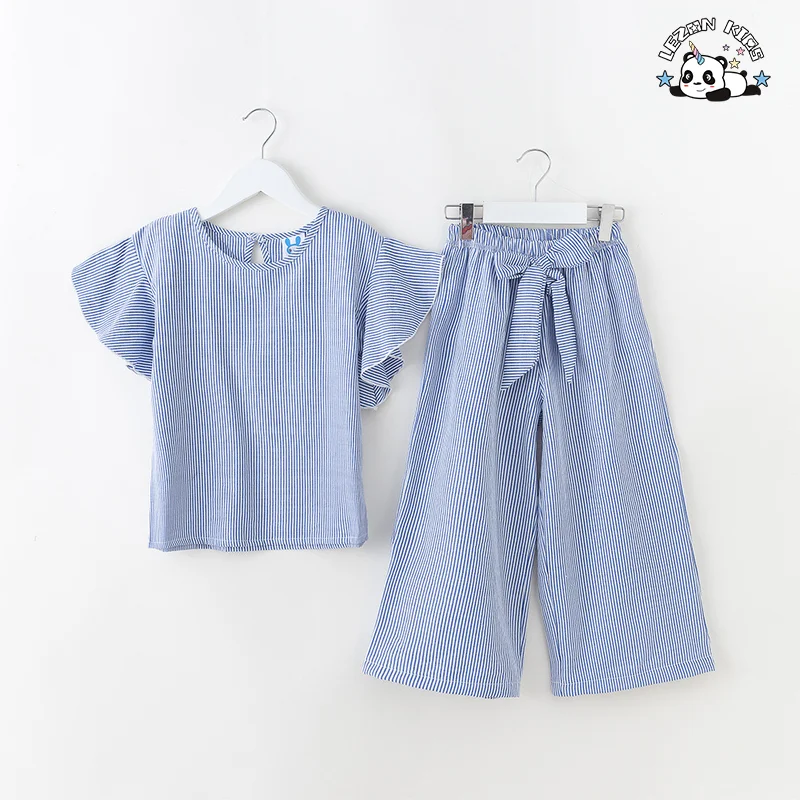 LEZONKIDS - Customizable OEM Leisure Casual Girls Outfit Ruffle T Shirt Wide Leg Pant Girls Clothing Sets